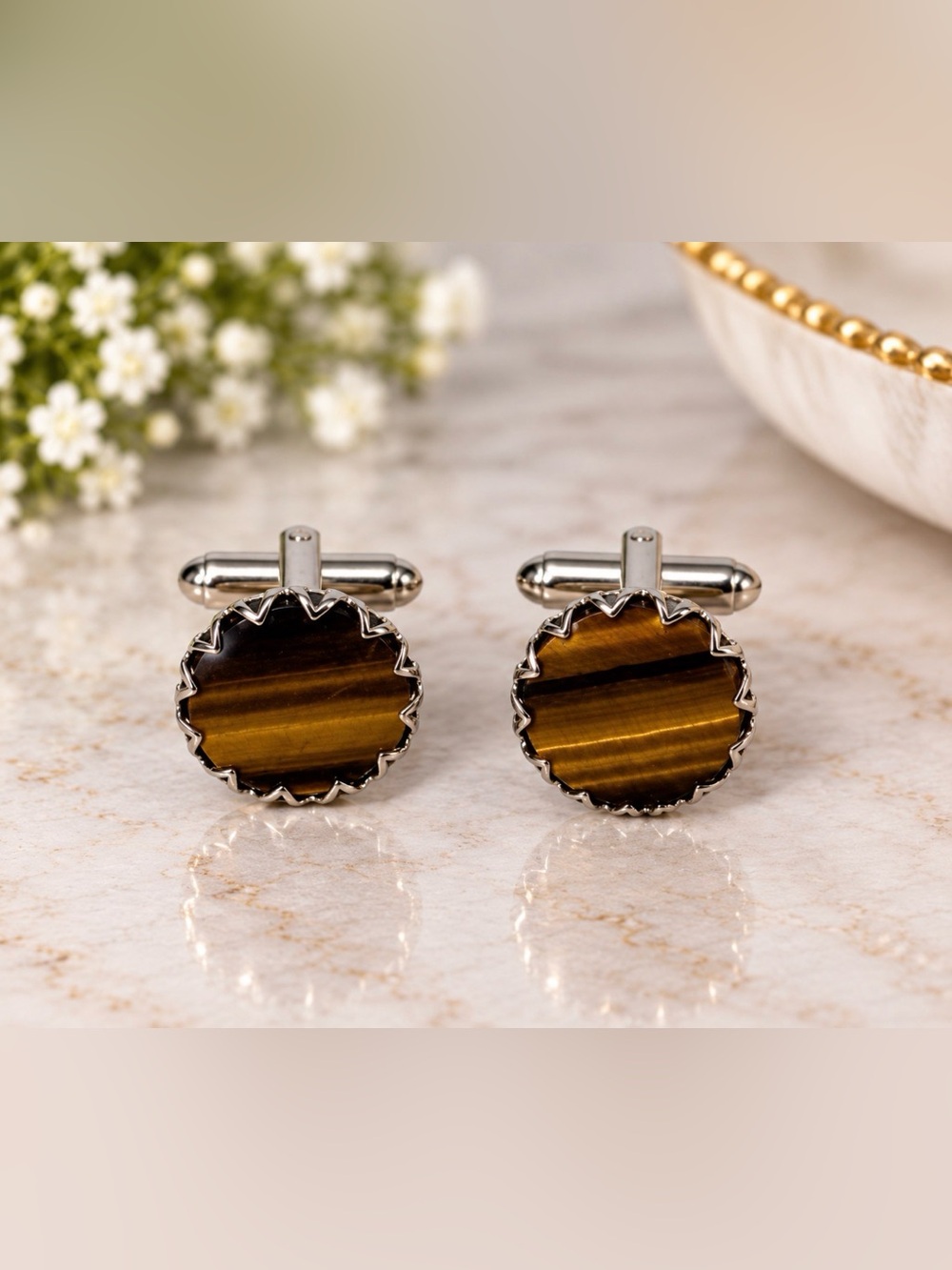 Vintage Dante Genuine Tiger Eye Cufflinks Gold Tone Men’s Mid Century Jewelry